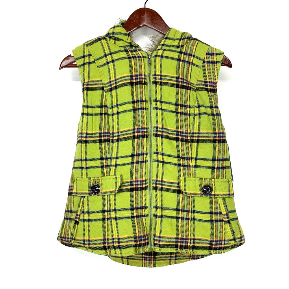 Mossimo Supply Co Retro Lime Green Blue Multi Plaid Full Zip Vest Faux Fur Hood